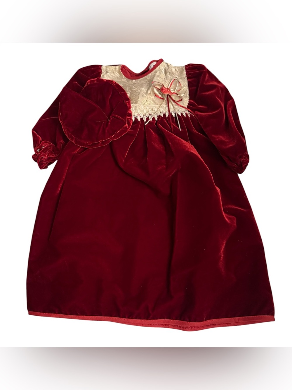 Vintage Lily Red Velvet Holiday Dress with Cream Lace Yoke and Matching Hat